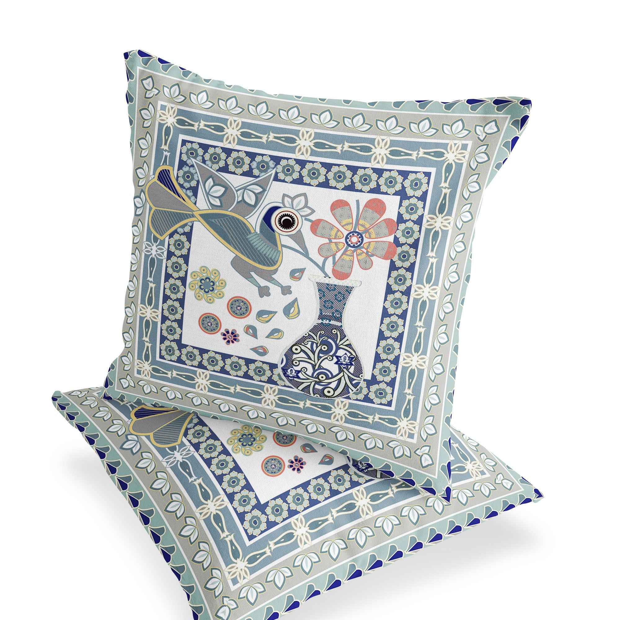 Set of Two 16" X 16" Beige and Green Peacock Blown Seam Floral Indoor Outdoor Throw Pillow