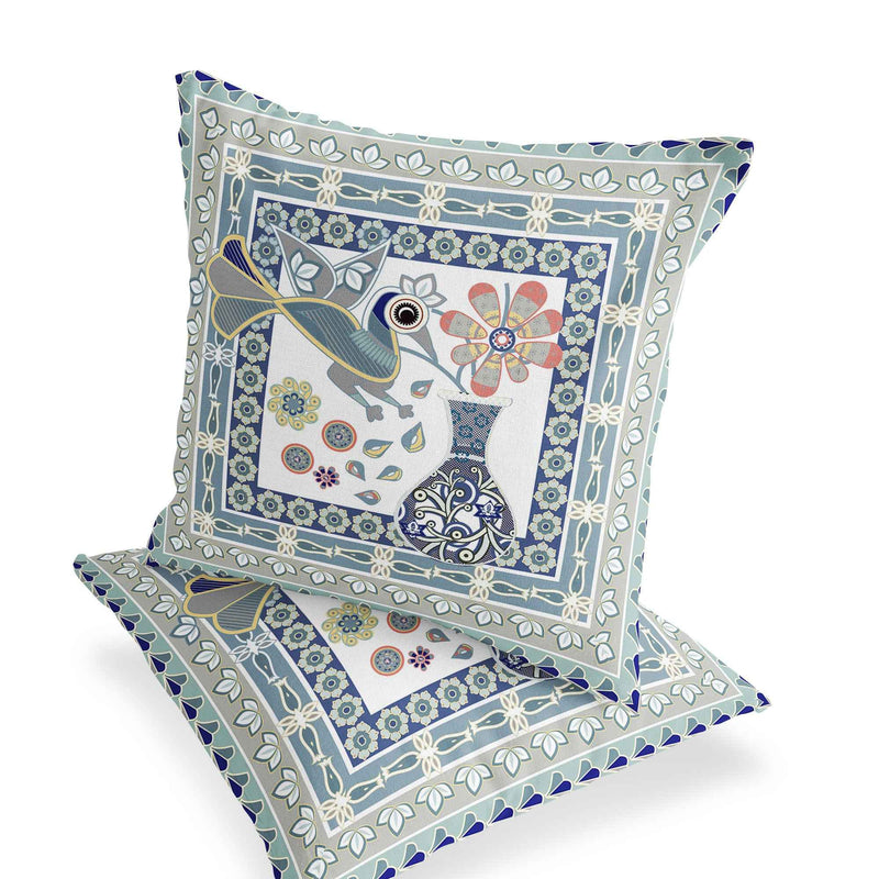 Set of Two 16" X 16" Beige and Green Peacock Blown Seam Floral Indoor Outdoor Throw Pillow