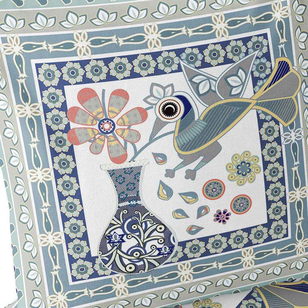 Set of Two 16" X 16" Beige and Green Peacock Blown Seam Floral Indoor Outdoor Throw Pillow