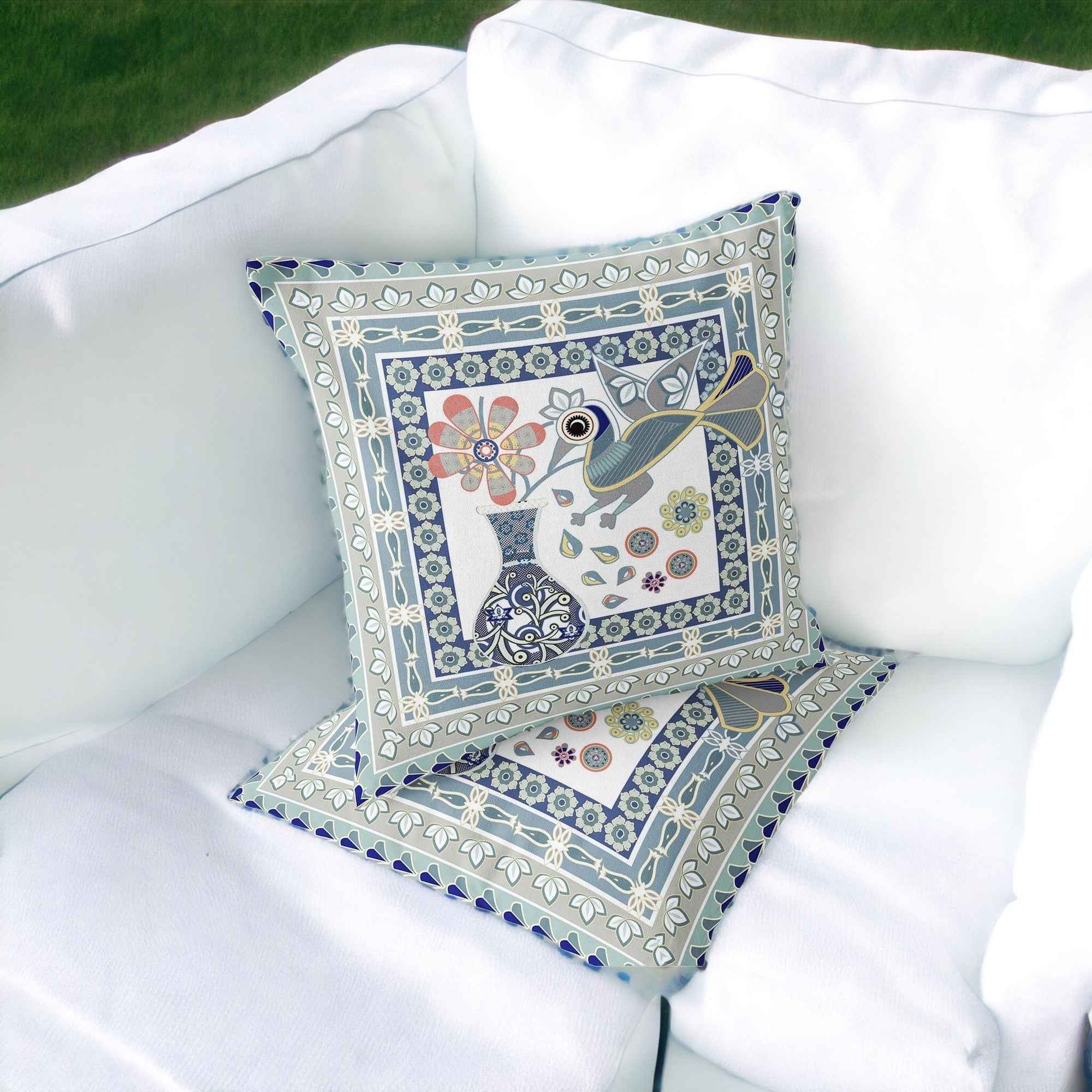 Set of Two 16" X 16" Beige and Green Peacock Blown Seam Floral Indoor Outdoor Throw Pillow