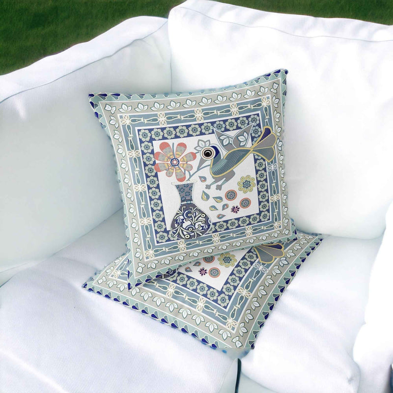 Set of Two 16" X 16" Beige and Green Peacock Blown Seam Floral Indoor Outdoor Throw Pillow