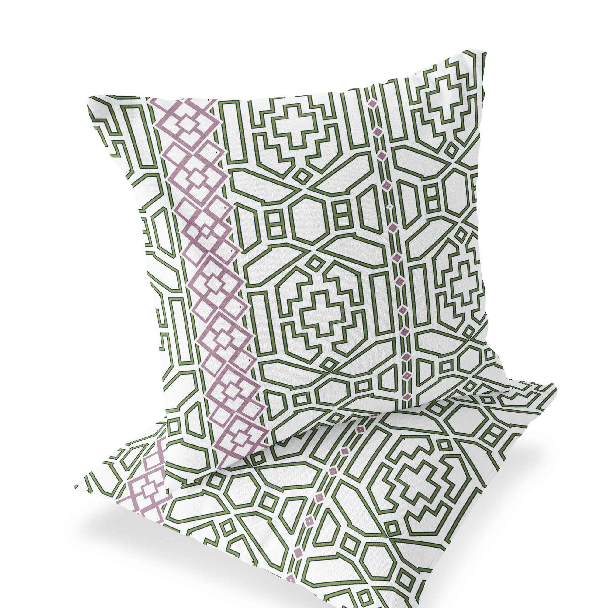 Set of Two 16" X 16" Green and White Blown Seam Geometric Indoor Outdoor Throw Pillow