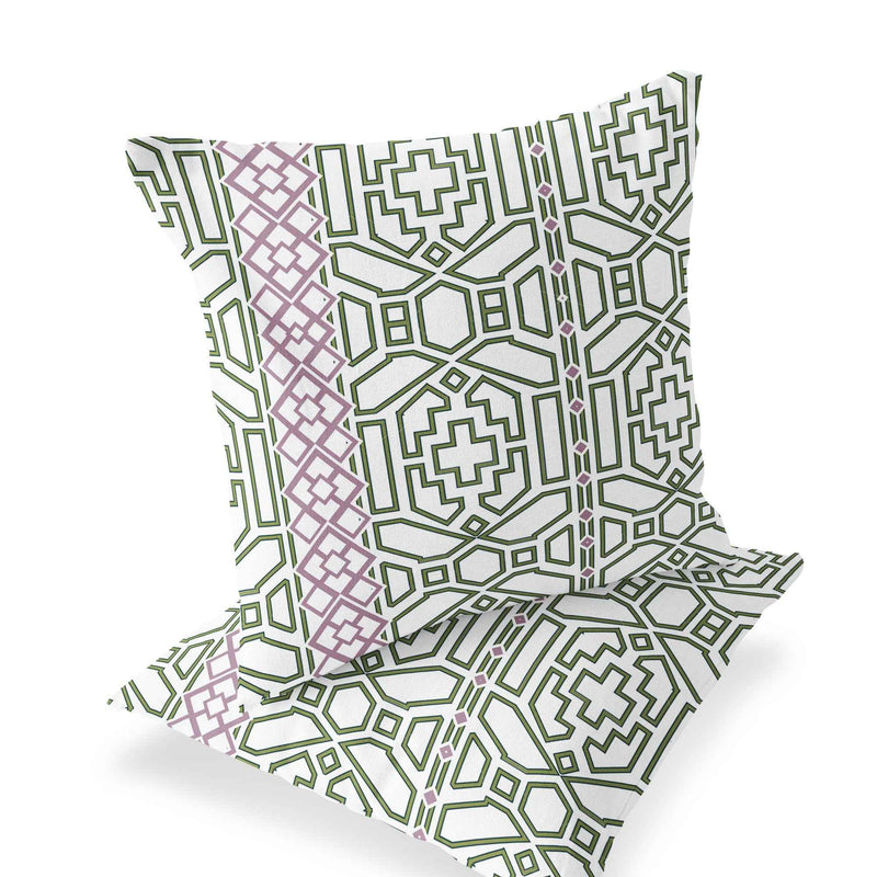 Set of Two 16" X 16" Green and White Blown Seam Geometric Indoor Outdoor Throw Pillow