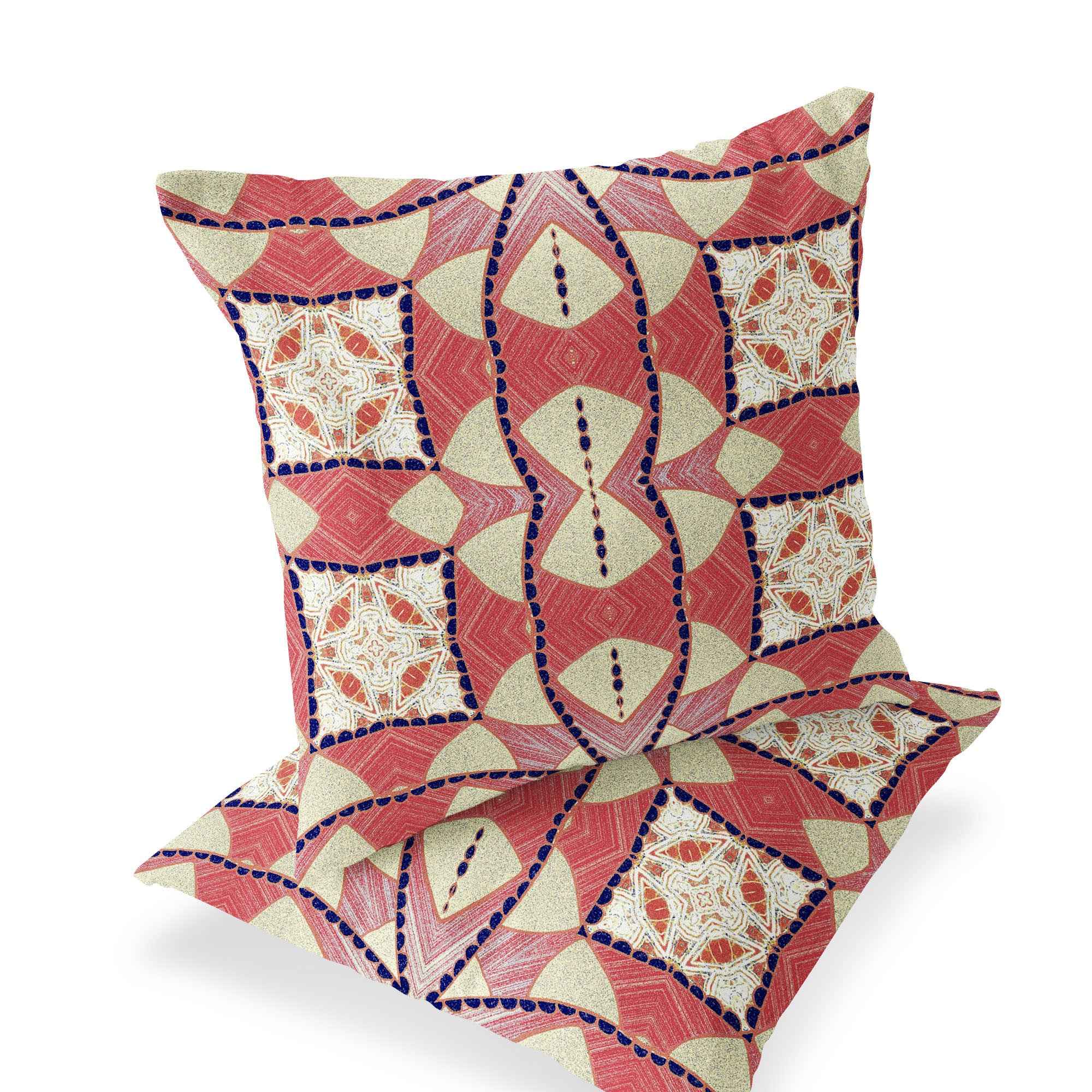 Set of Two 16" X 16" Yellow and White Blown Seam Eclectic Indoor Outdoor Throw Pillow