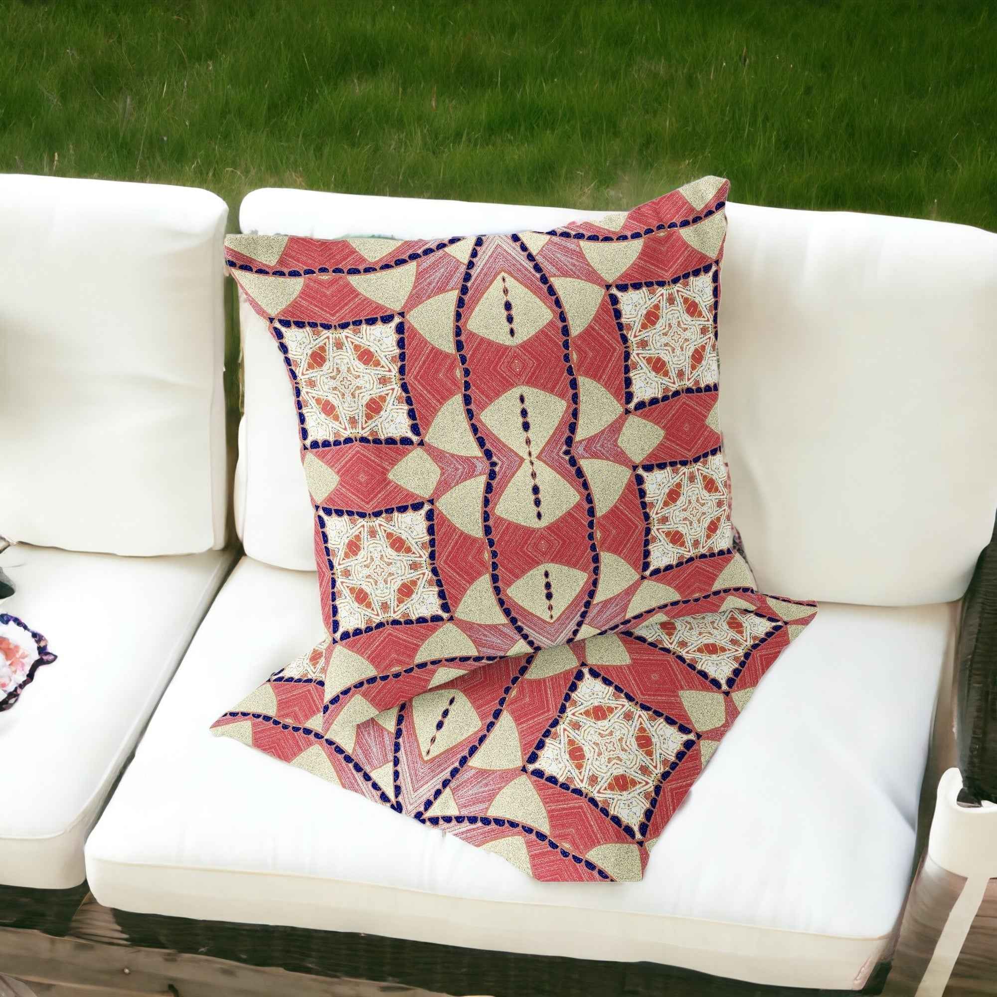 Set of Two 16" X 16" Yellow and White Blown Seam Eclectic Indoor Outdoor Throw Pillow