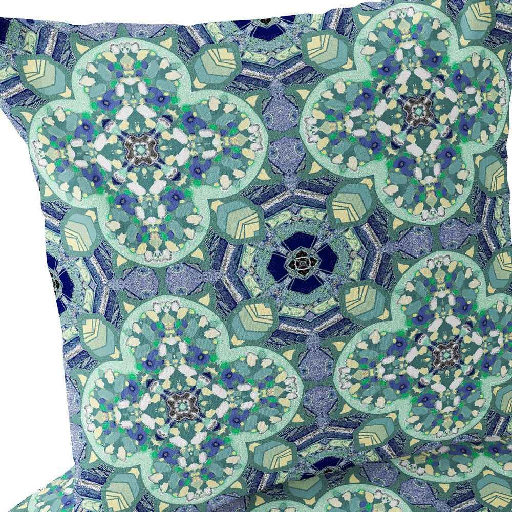 Set of Two 16" X 16" Blue and Green Blown Seam Floral Indoor Outdoor Throw Pillow
