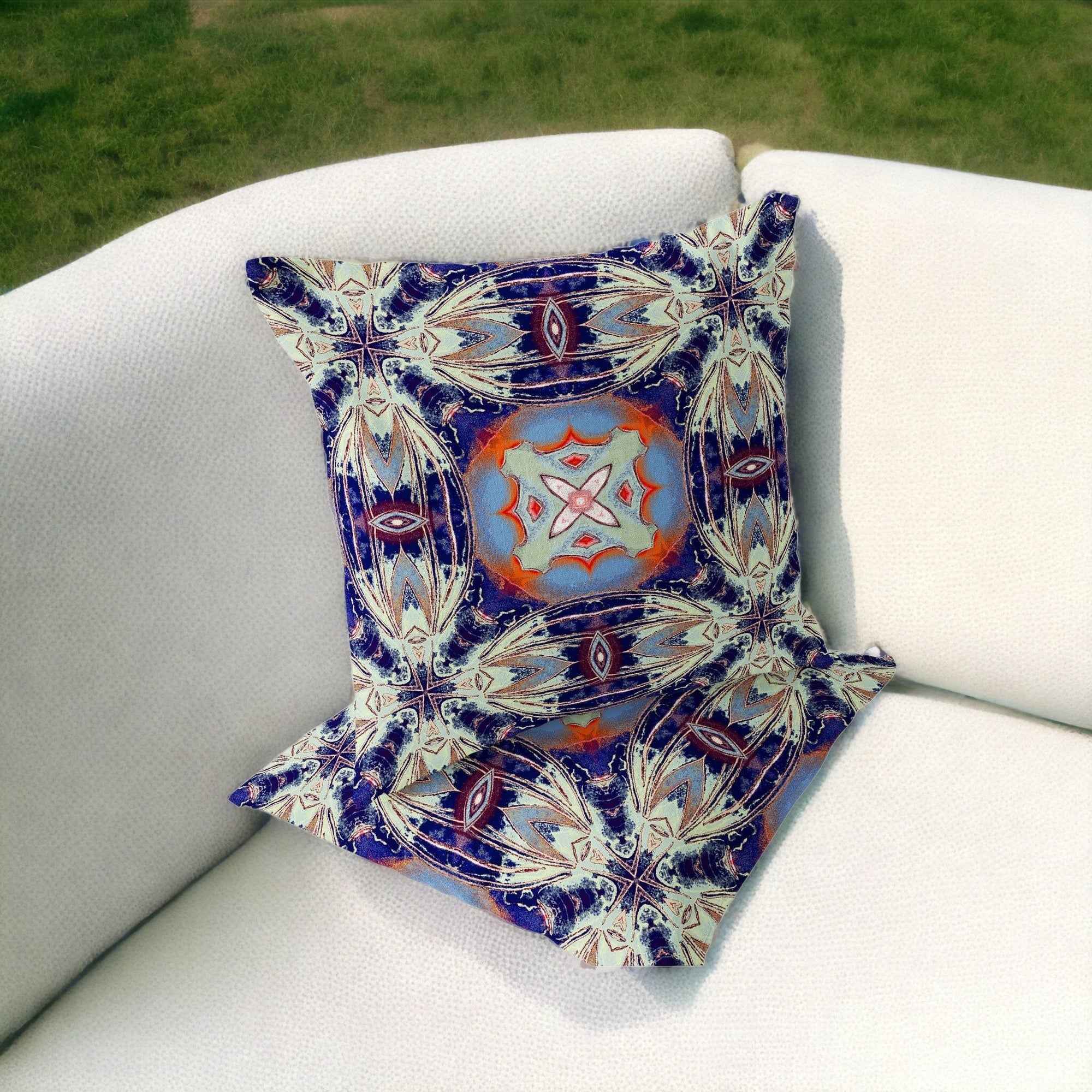 Set of Two 16" X 16" Blue and Orange Blown Seam Floral Indoor Outdoor Throw Pillow