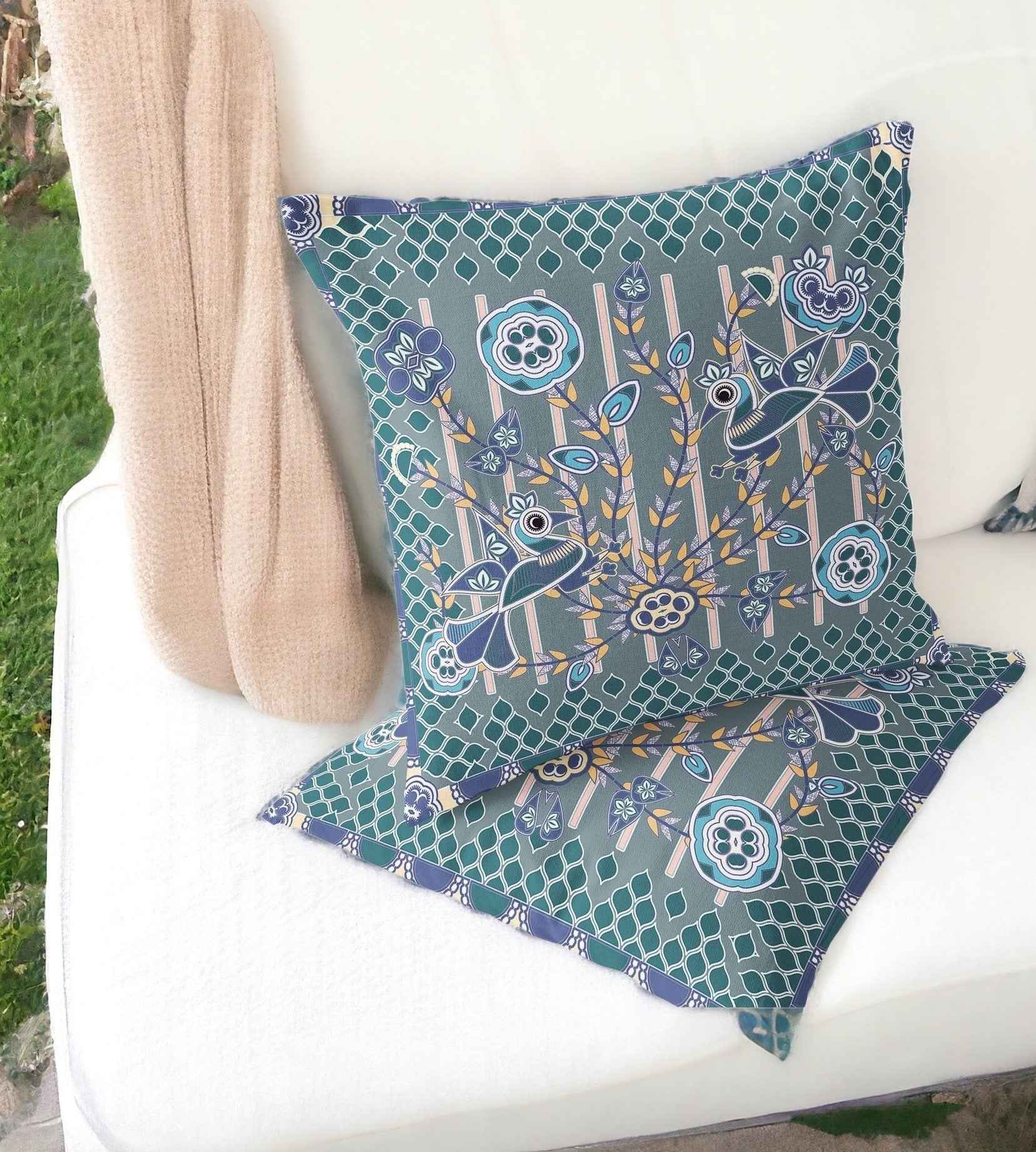Set of Two 16" X 16" Blue and Gray Peacock Blown Seam Floral Indoor Outdoor Throw Pillow
