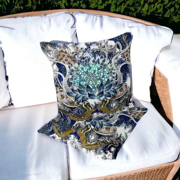 Set of Two 16" X 16" Blue and Green Blown Seam Floral Indoor Outdoor Throw Pillow