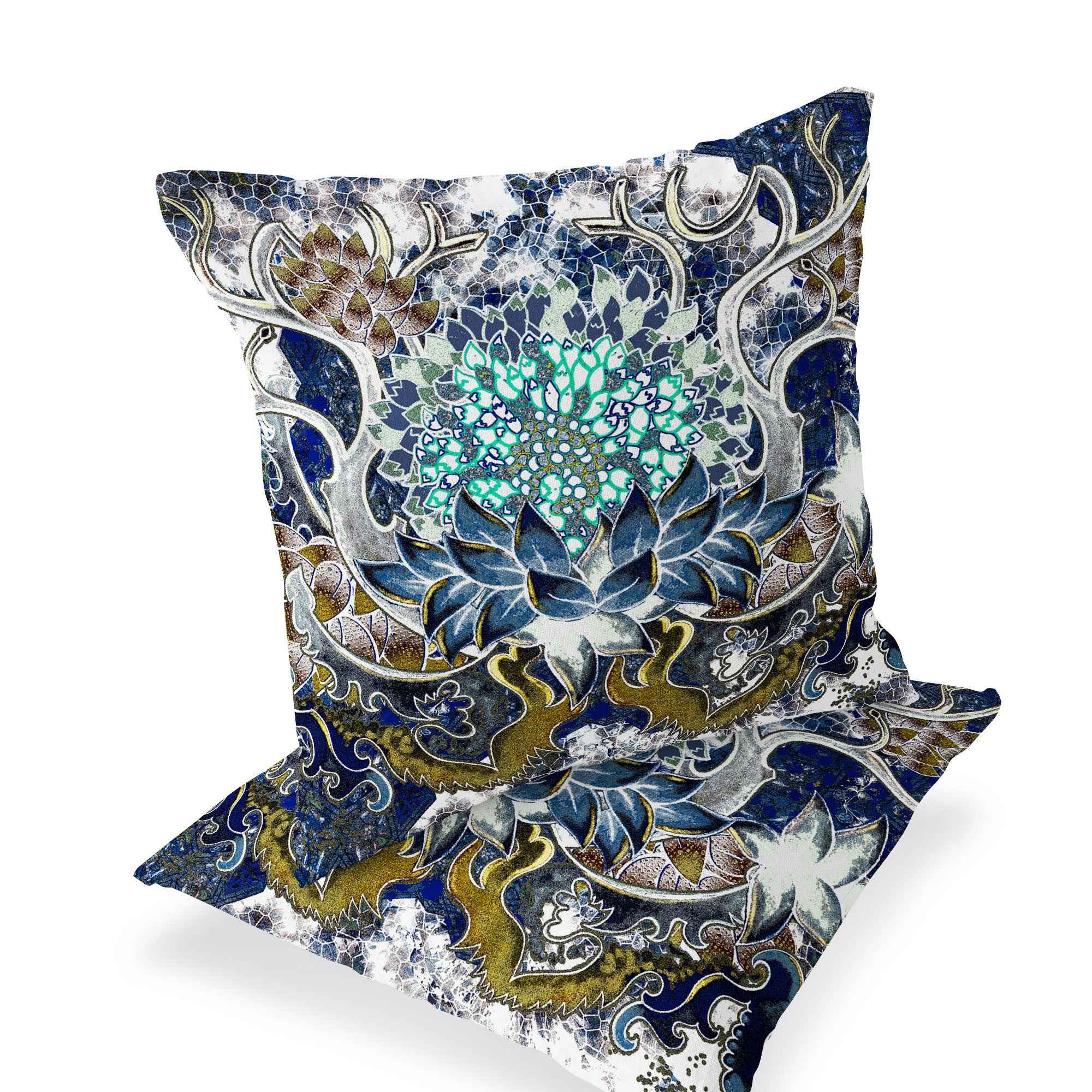 Set of Two 16" X 16" Blue and Green Blown Seam Floral Indoor Outdoor Throw Pillow