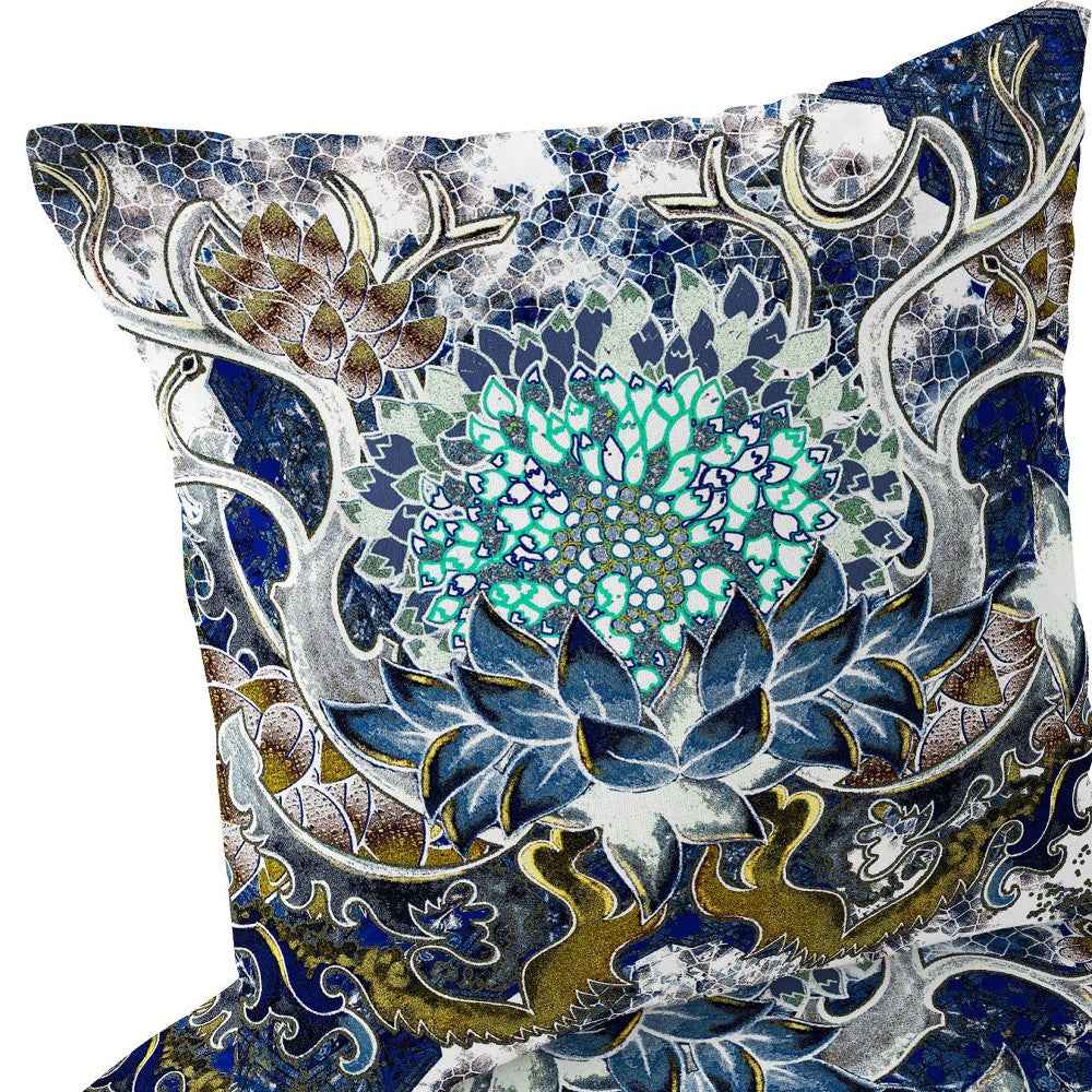 Set of Two 16" X 16" Blue and Green Blown Seam Floral Indoor Outdoor Throw Pillow