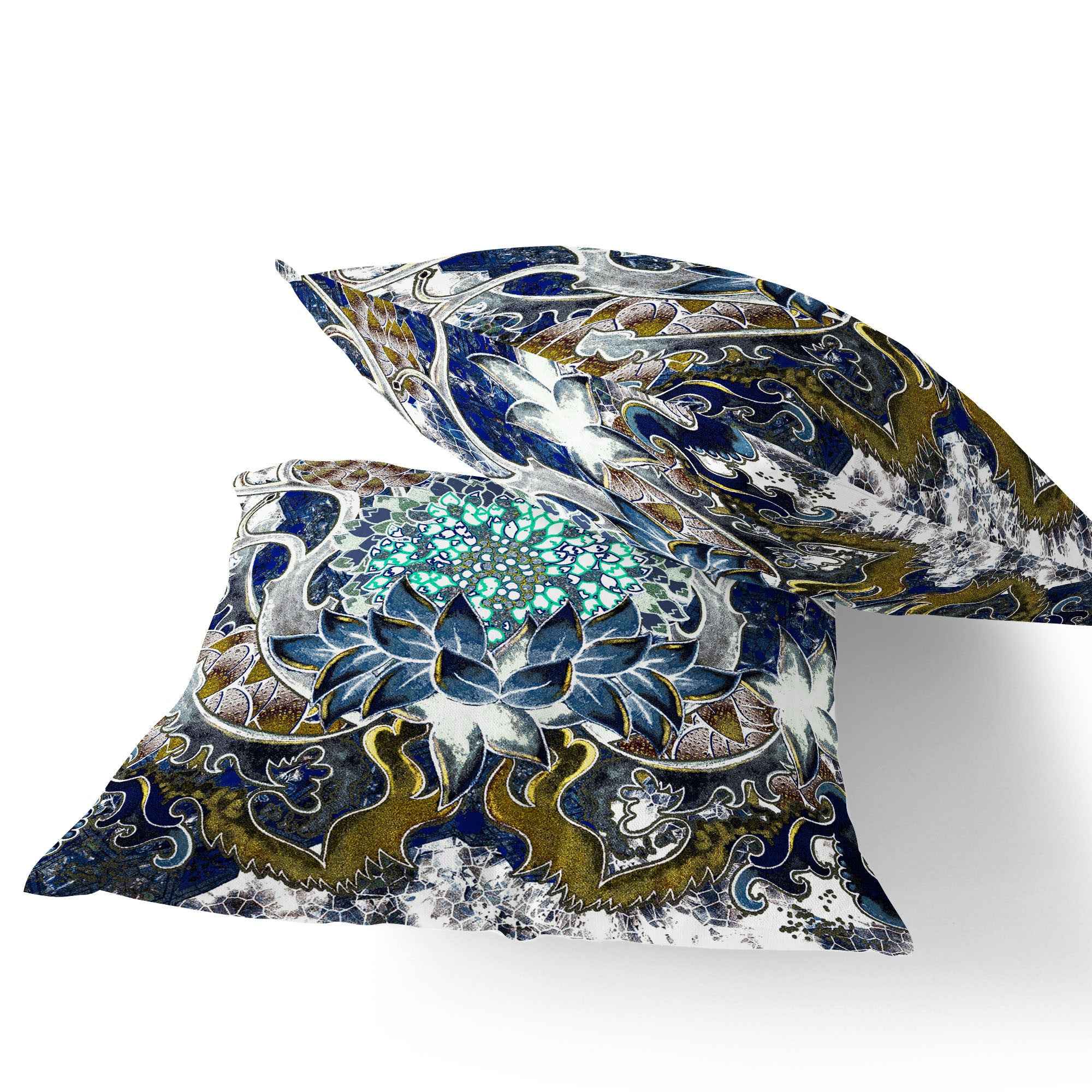 Set of Two 16" X 16" Blue and Green Blown Seam Floral Indoor Outdoor Throw Pillow