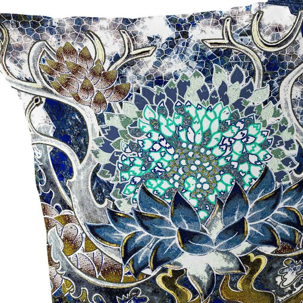 Set of Two 16" X 16" Blue and Green Blown Seam Floral Indoor Outdoor Throw Pillow