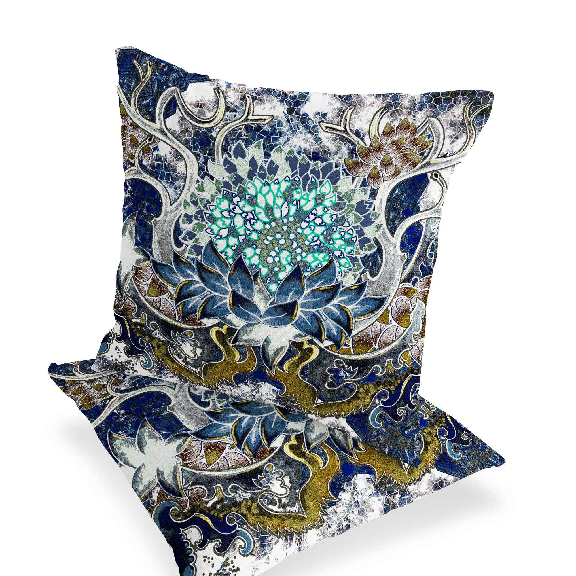 Set of Two 16" X 16" Blue and Green Blown Seam Floral Indoor Outdoor Throw Pillow