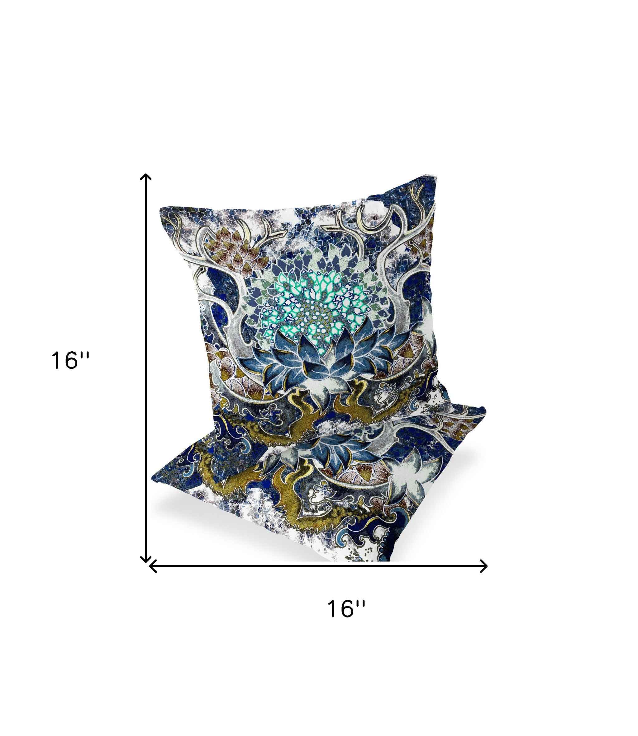 Set of Two 16" X 16" Blue and Green Blown Seam Floral Indoor Outdoor Throw Pillow