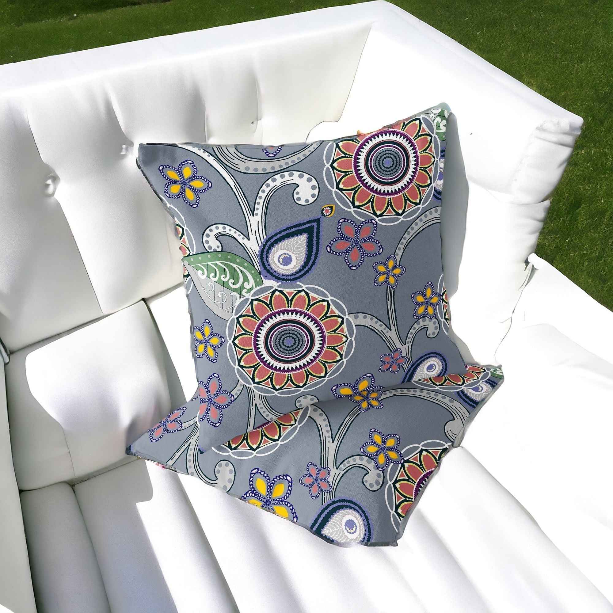 Set of Two 16" X 16" Gray and Red Blown Seam Floral Indoor Outdoor Throw Pillow