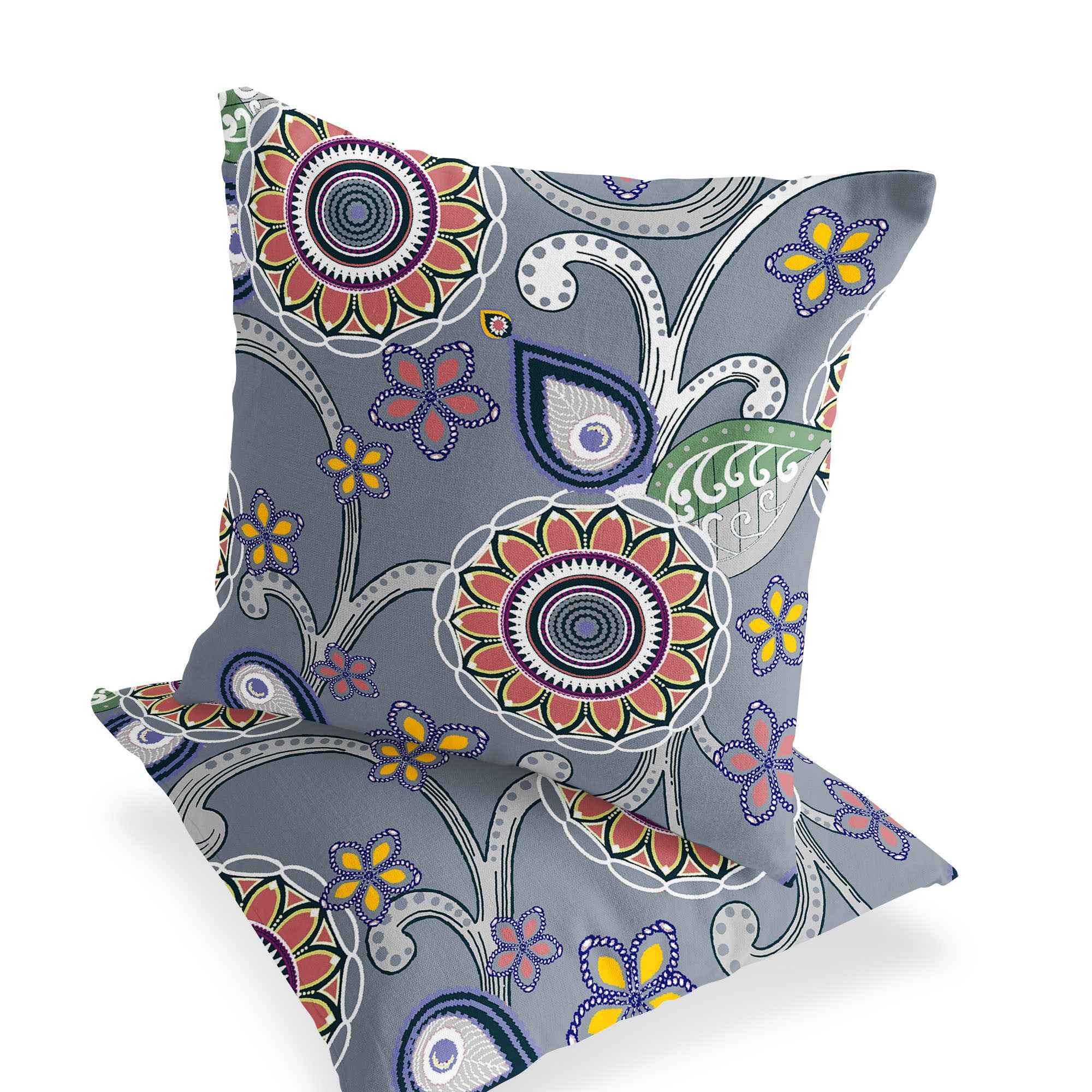 Set of Two 16" X 16" Gray and Red Blown Seam Floral Indoor Outdoor Throw Pillow