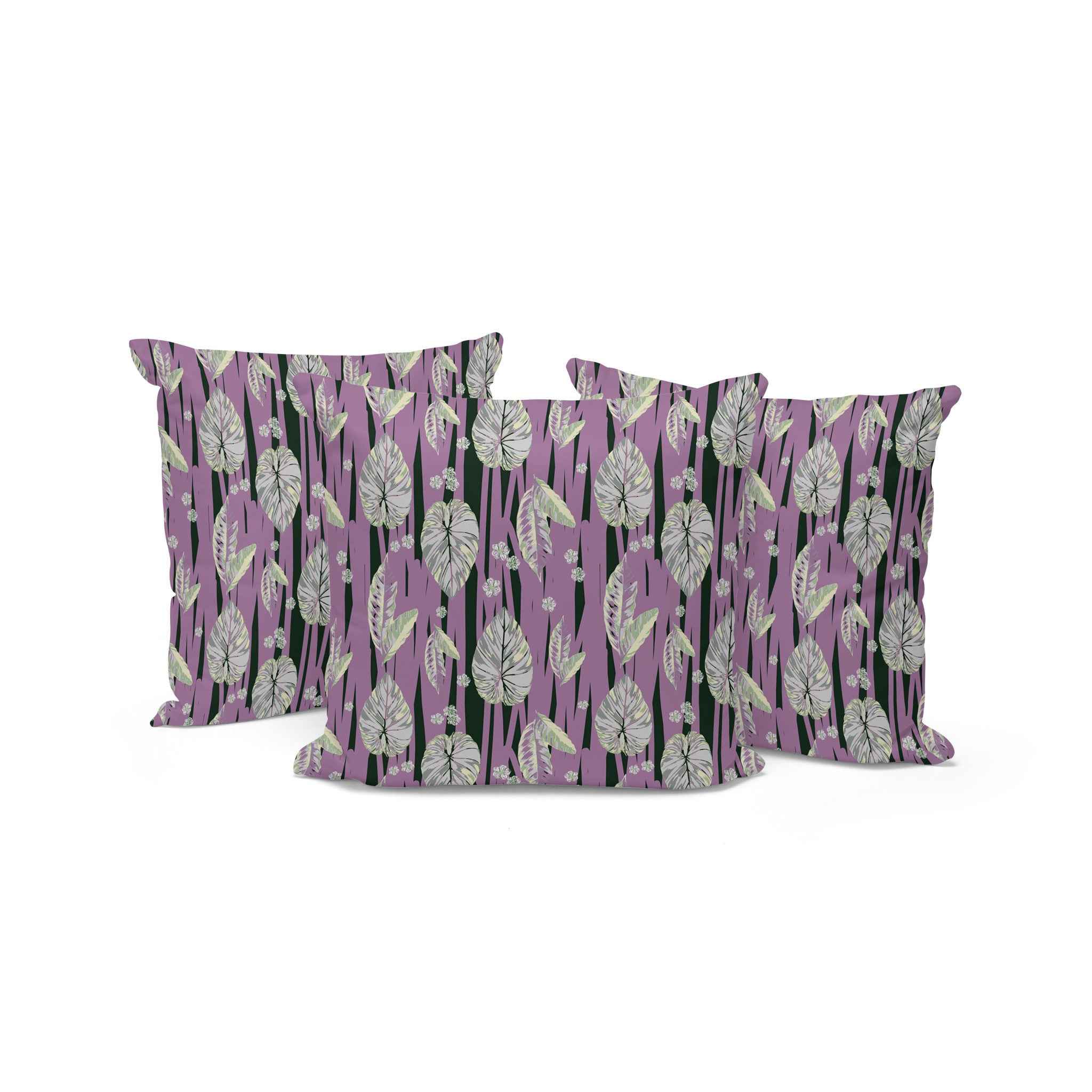 Set of Three 16" X 16" Pink and Black Botanical Indoor Outdoor Throw Pillow