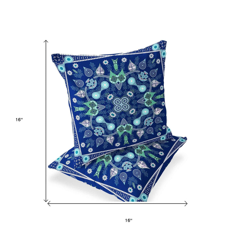 Set of Two 16" X 16" Blue and Green Blown Seam Paisley Indoor Outdoor Throw Pillow