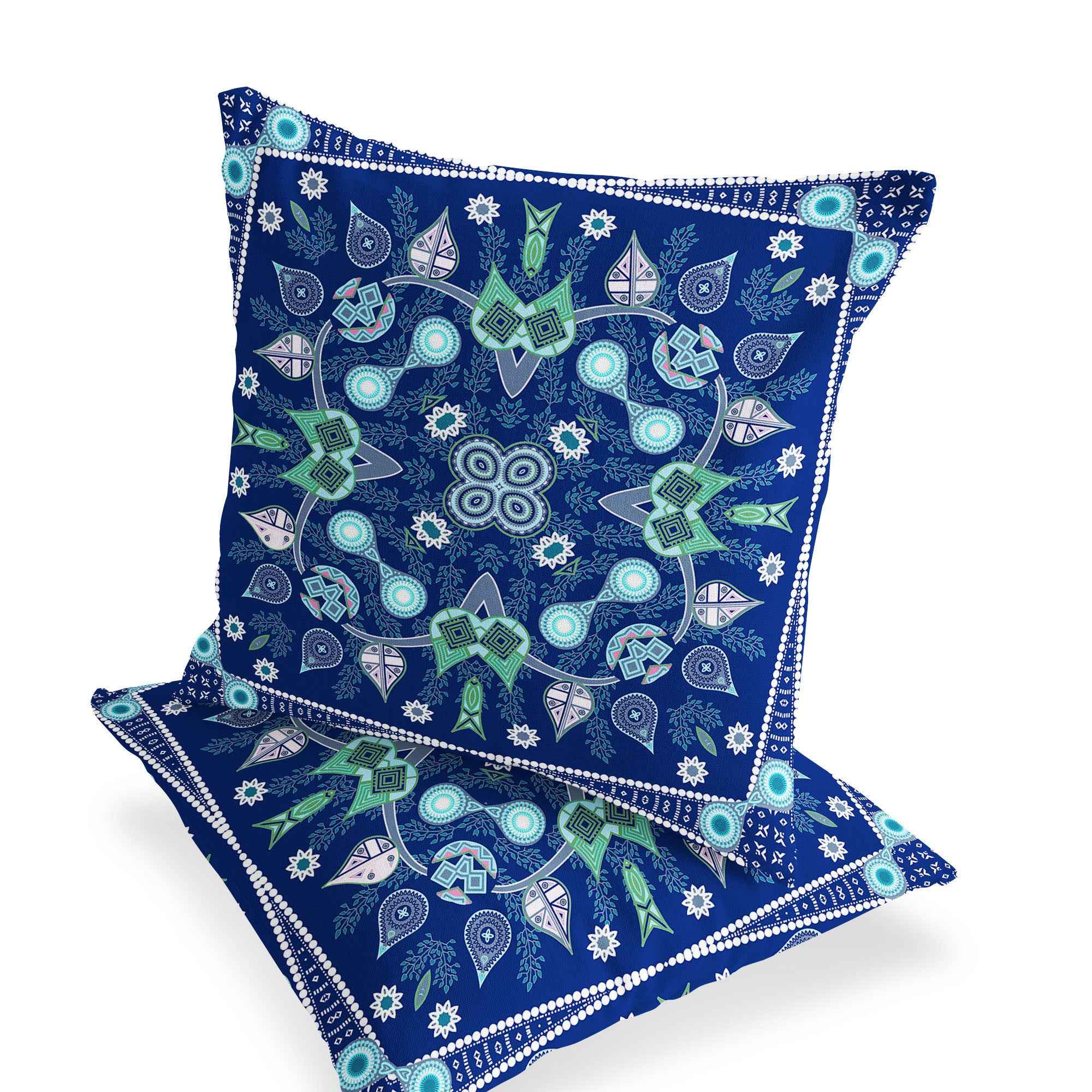 Set of Two 16" X 16" Blue and Green Blown Seam Paisley Indoor Outdoor Throw Pillow