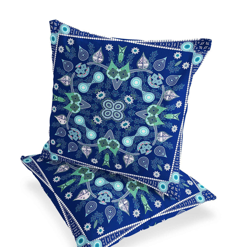 Set of Two 16" X 16" Blue and Green Blown Seam Paisley Indoor Outdoor Throw Pillow