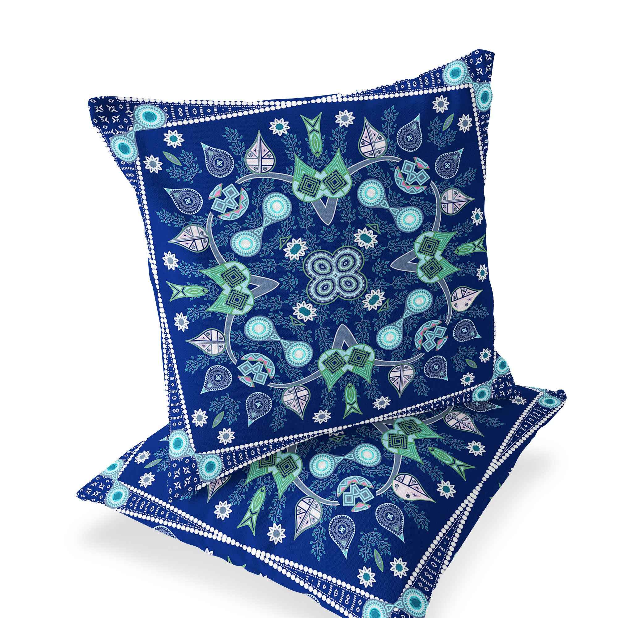 Set of Two 16" X 16" Blue and Green Blown Seam Paisley Indoor Outdoor Throw Pillow