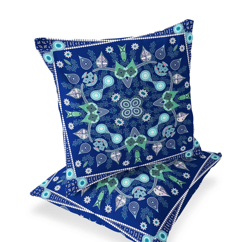 Set of Two 16" X 16" Blue and Green Blown Seam Paisley Indoor Outdoor Throw Pillow