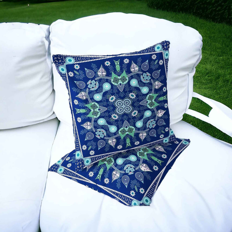 Set of Two 16" X 16" Blue and Green Blown Seam Paisley Indoor Outdoor Throw Pillow