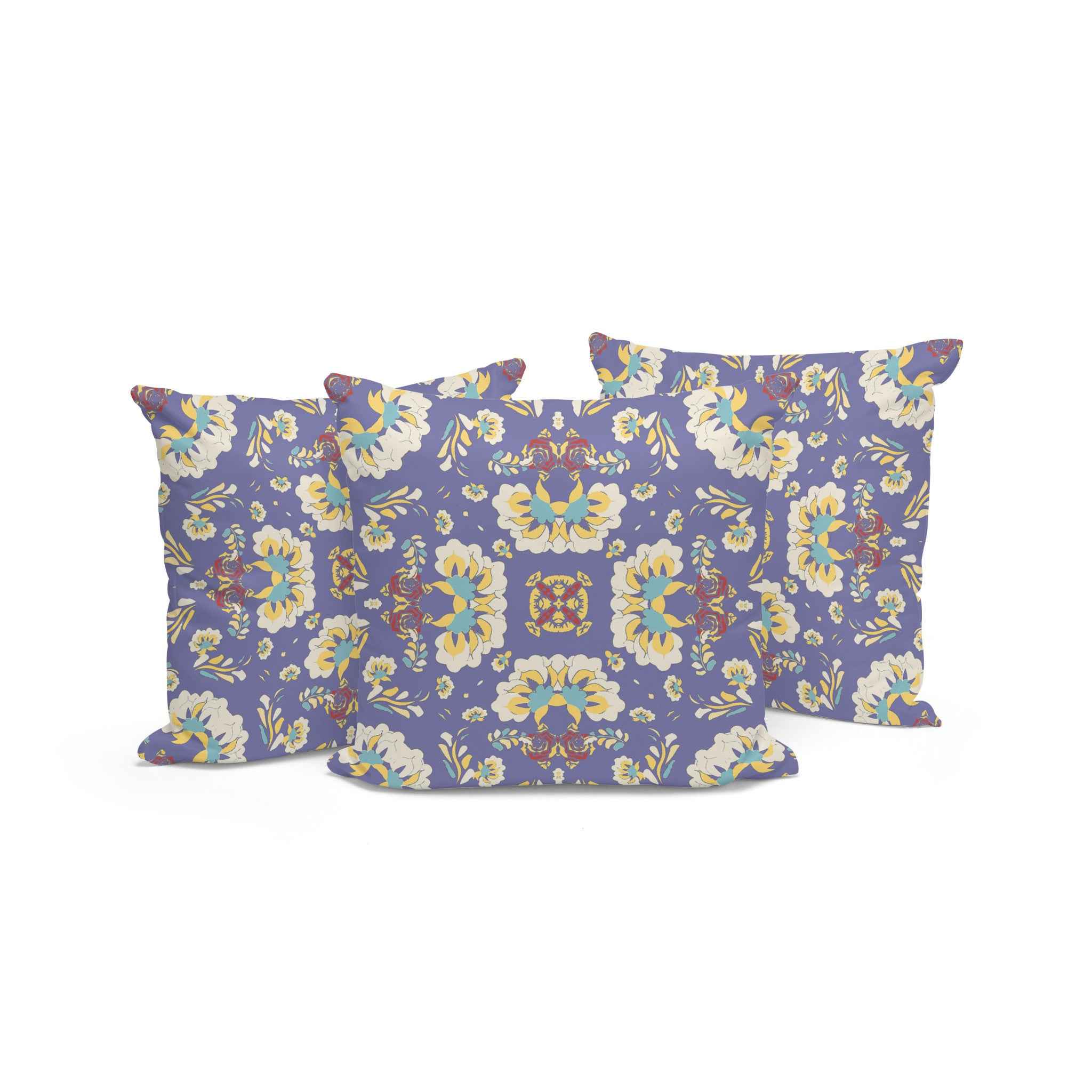 Set of Three Purple and White Botanical Indoor Outdoor Throw Pillow