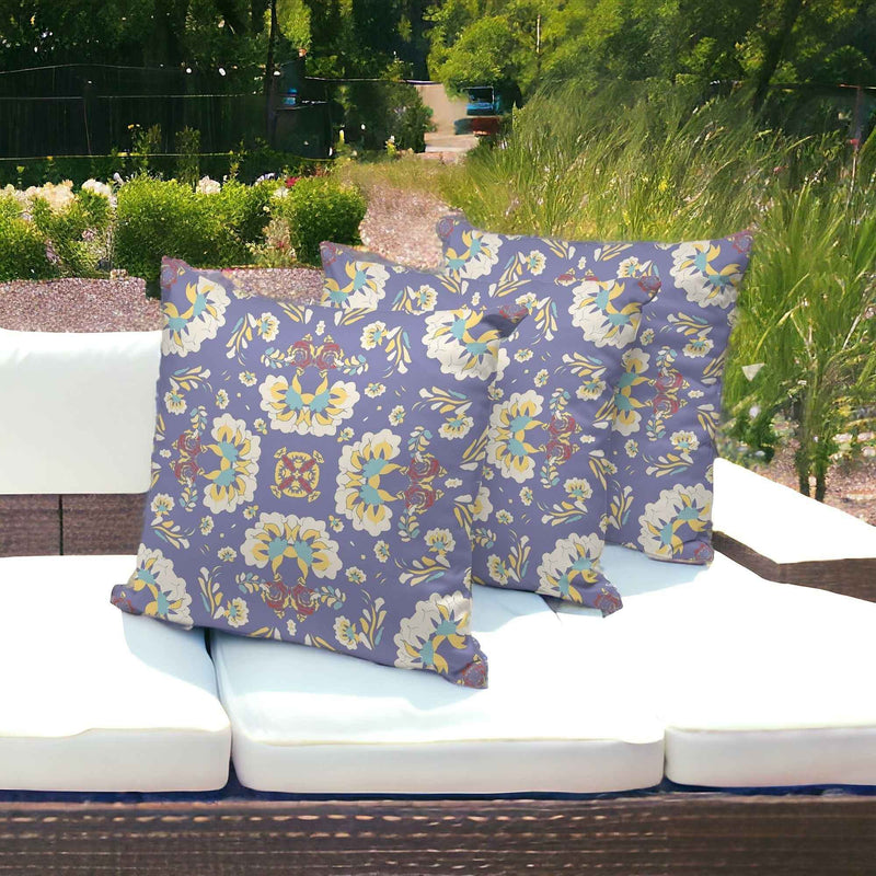 Set of Three Purple and White Botanical Indoor Outdoor Throw Pillow