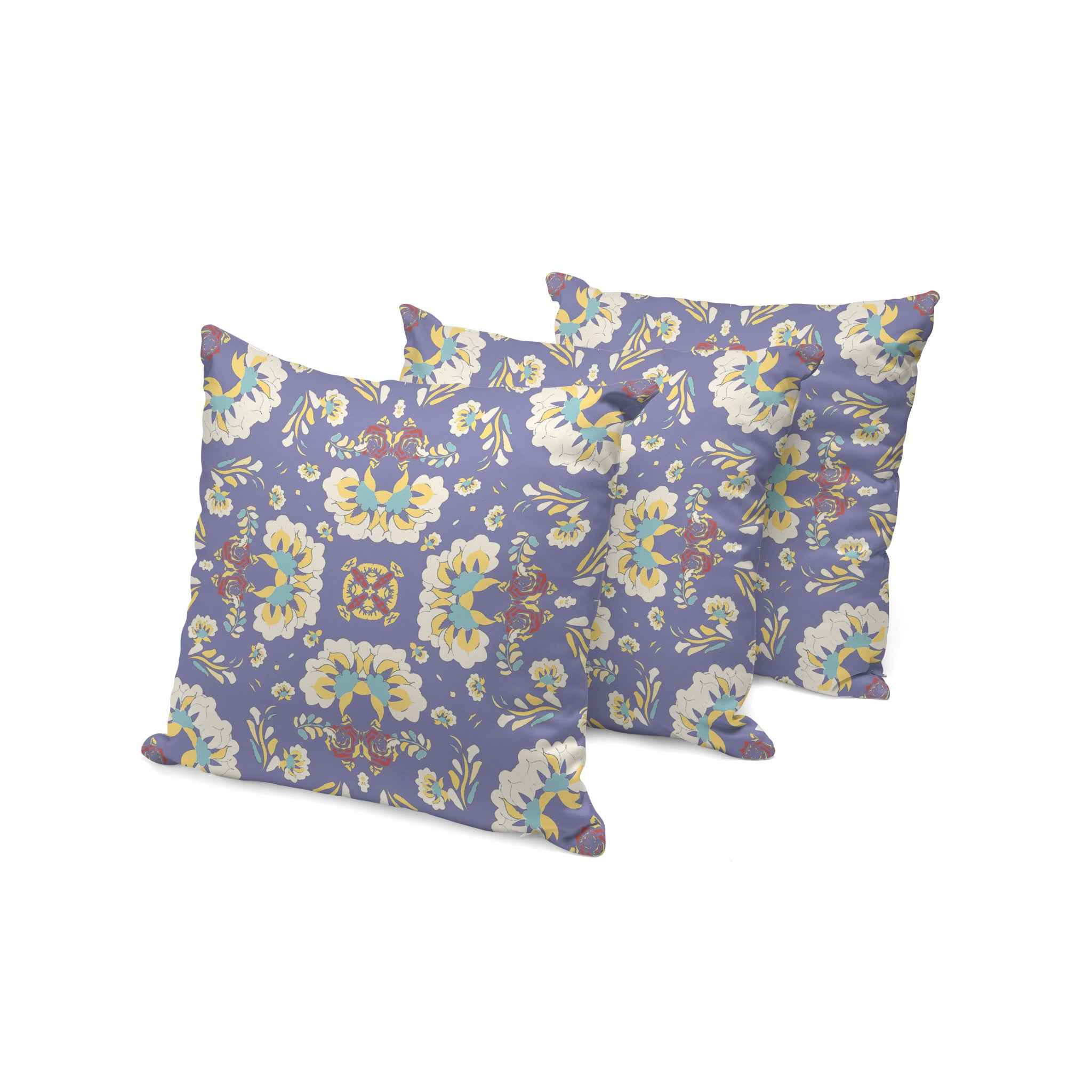 Set of Three Purple and White Botanical Indoor Outdoor Throw Pillow