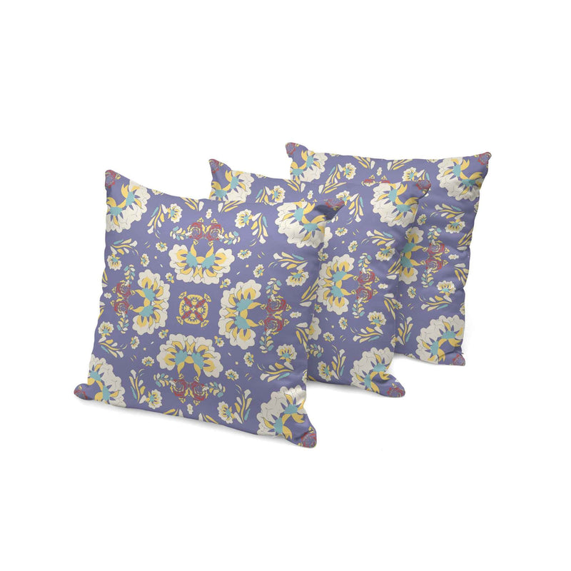 Set of Three Purple and White Botanical Indoor Outdoor Throw Pillow