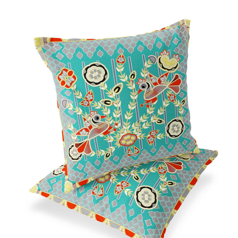 Set of Two 16" X 16" Blue and Yellow Peacock Blown Seam Floral Indoor Outdoor Throw Pillow