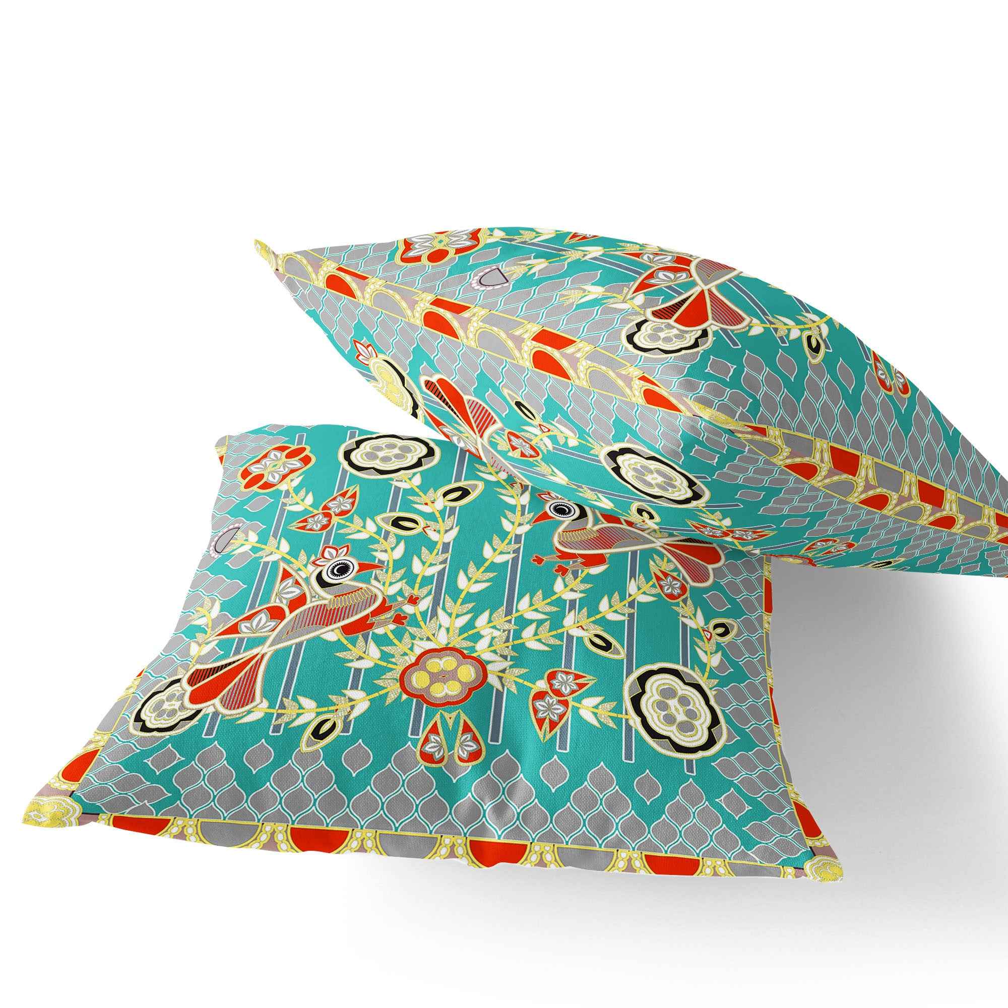 Set of Two 16" X 16" Blue and Yellow Peacock Blown Seam Floral Indoor Outdoor Throw Pillow