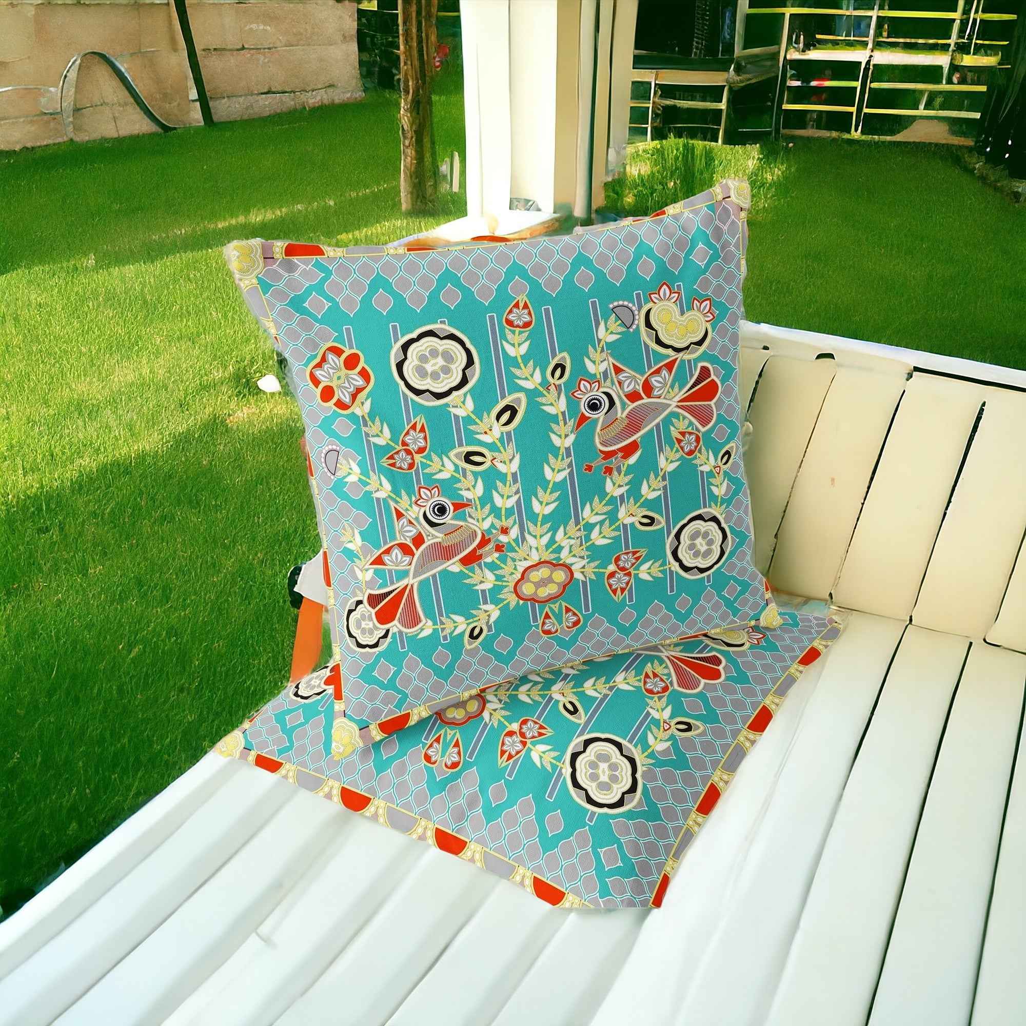 Set of Two 16" X 16" Blue and Yellow Peacock Blown Seam Floral Indoor Outdoor Throw Pillow