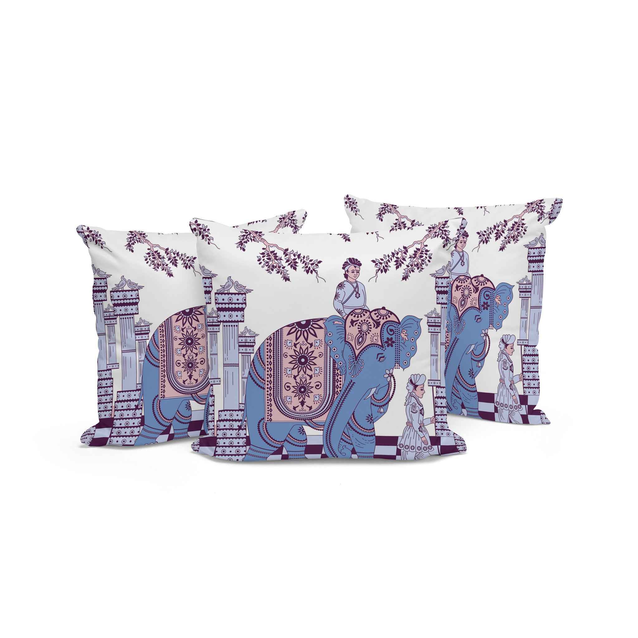 Set of Three 16" X 16" Blue and Purple Elephant Blown Seam Floral Indoor Outdoor Throw Pillow