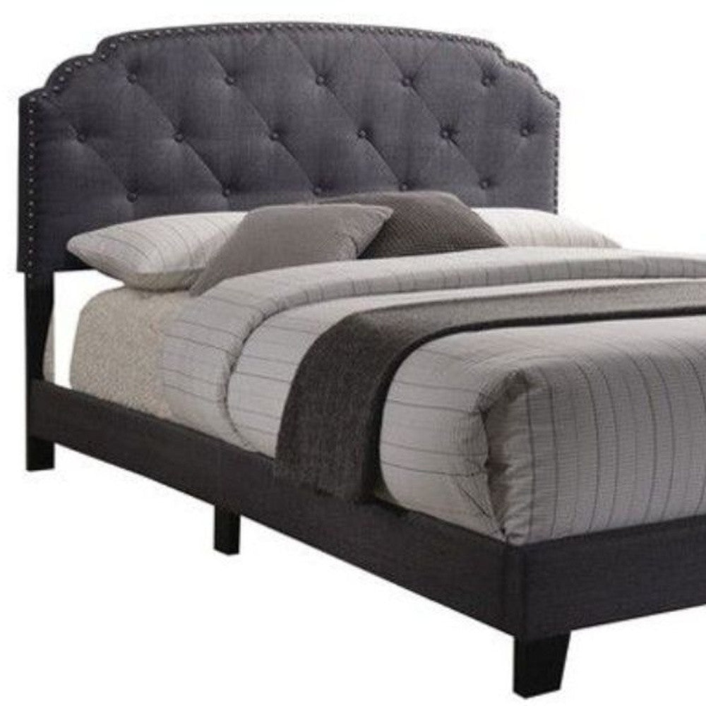 Gray Wood And Tufted Linen Queen Bed Frame with Nailhead Trim - Bed & Bath