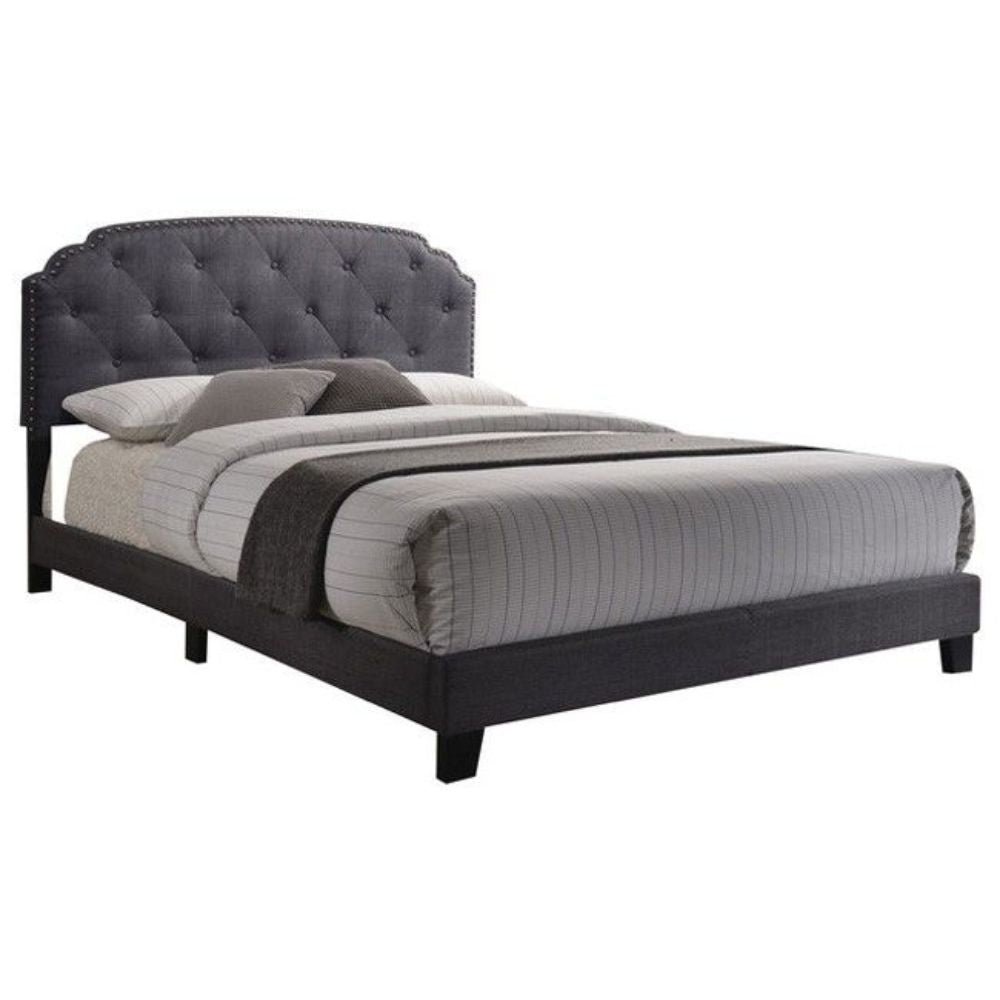 Gray Wood And Tufted Linen Queen Bed Frame with Nailhead Trim - Bed & Bath