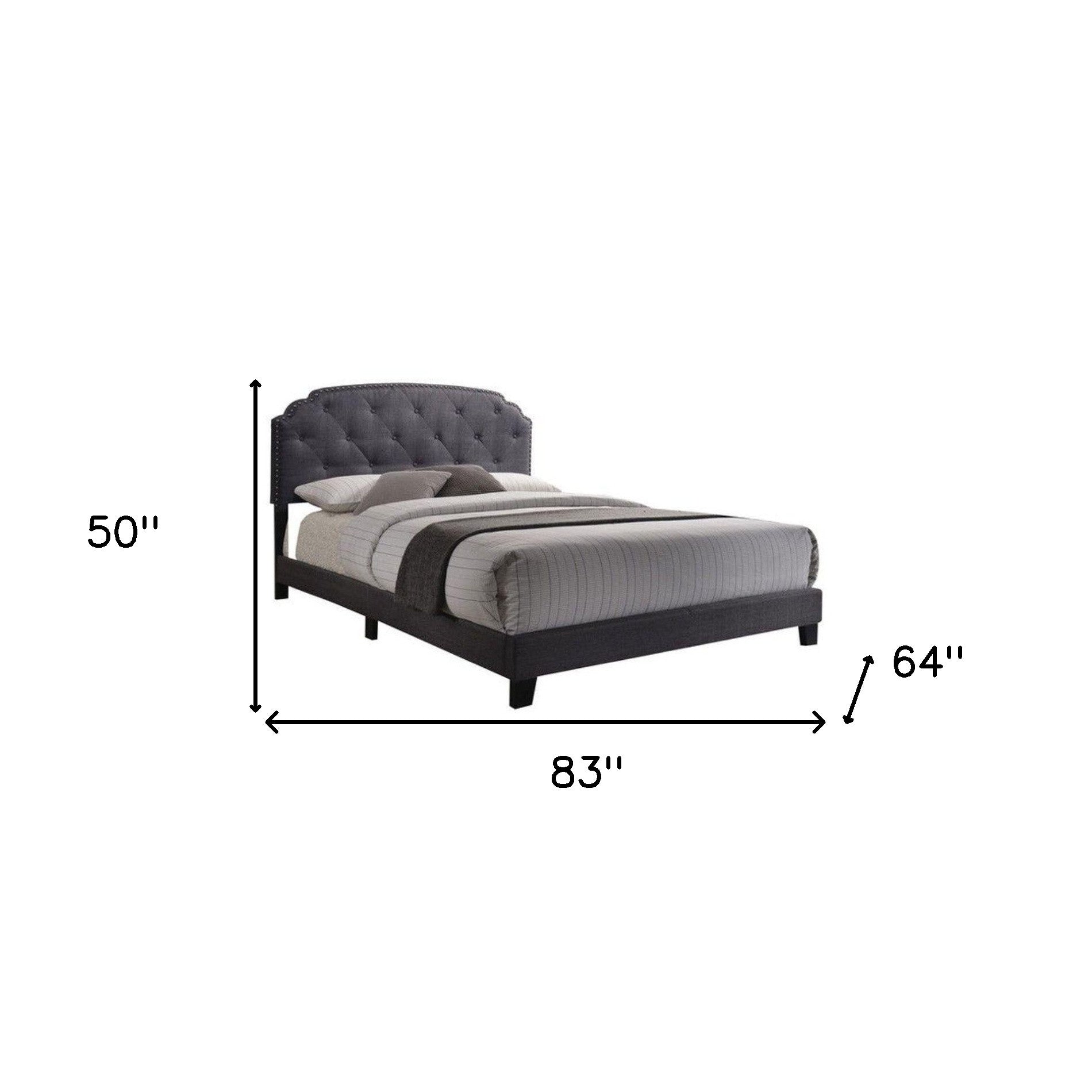 Gray Wood And Tufted Linen Queen Bed Frame with Nailhead Trim - Bed & Bath