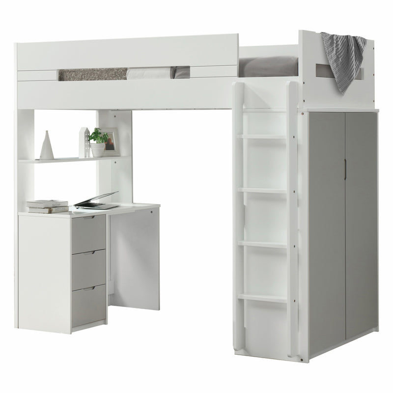Twin loft bed with white ladder, open bookshelf shelves, and gray cabinet doors