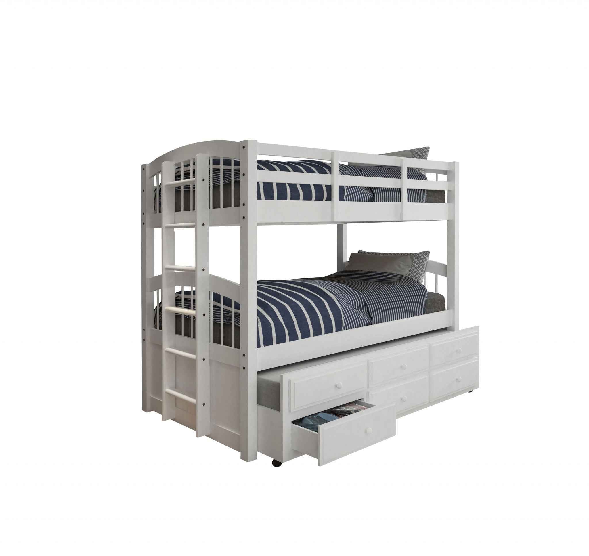 White Twin Solid Wood Bunk Bed With Trundle And Storage