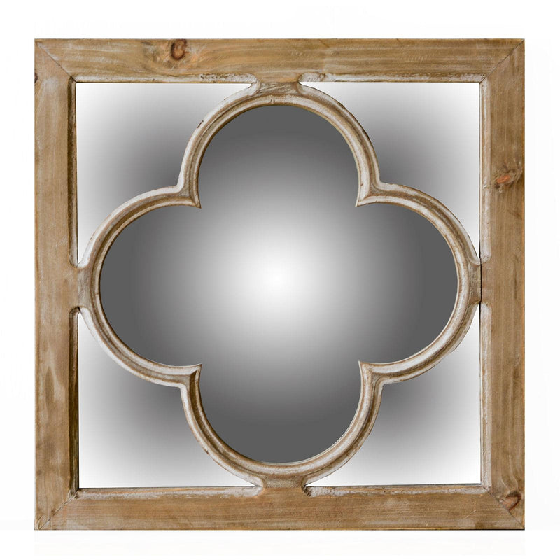 Square wall mirror with natural brown distressed frame and quatrefoil mirror opening