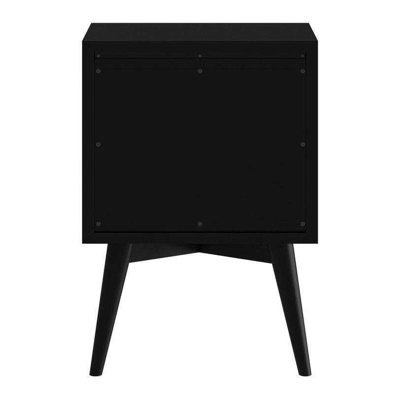 Black two-drawer nightstand with rear panel and four angled legs