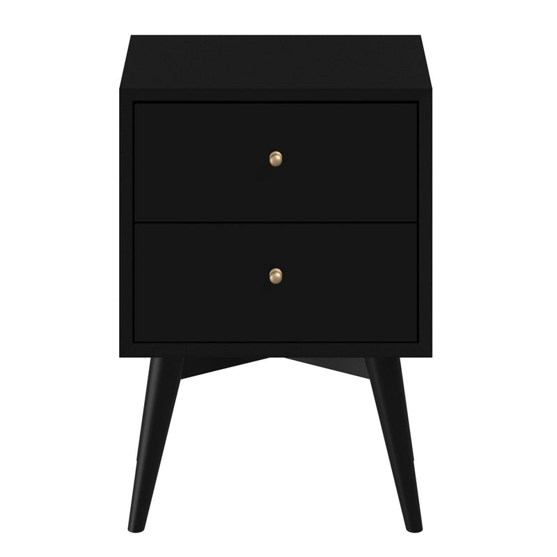 Black two-drawer nightstand front with two drawers, round brass knobs, and angled legs
