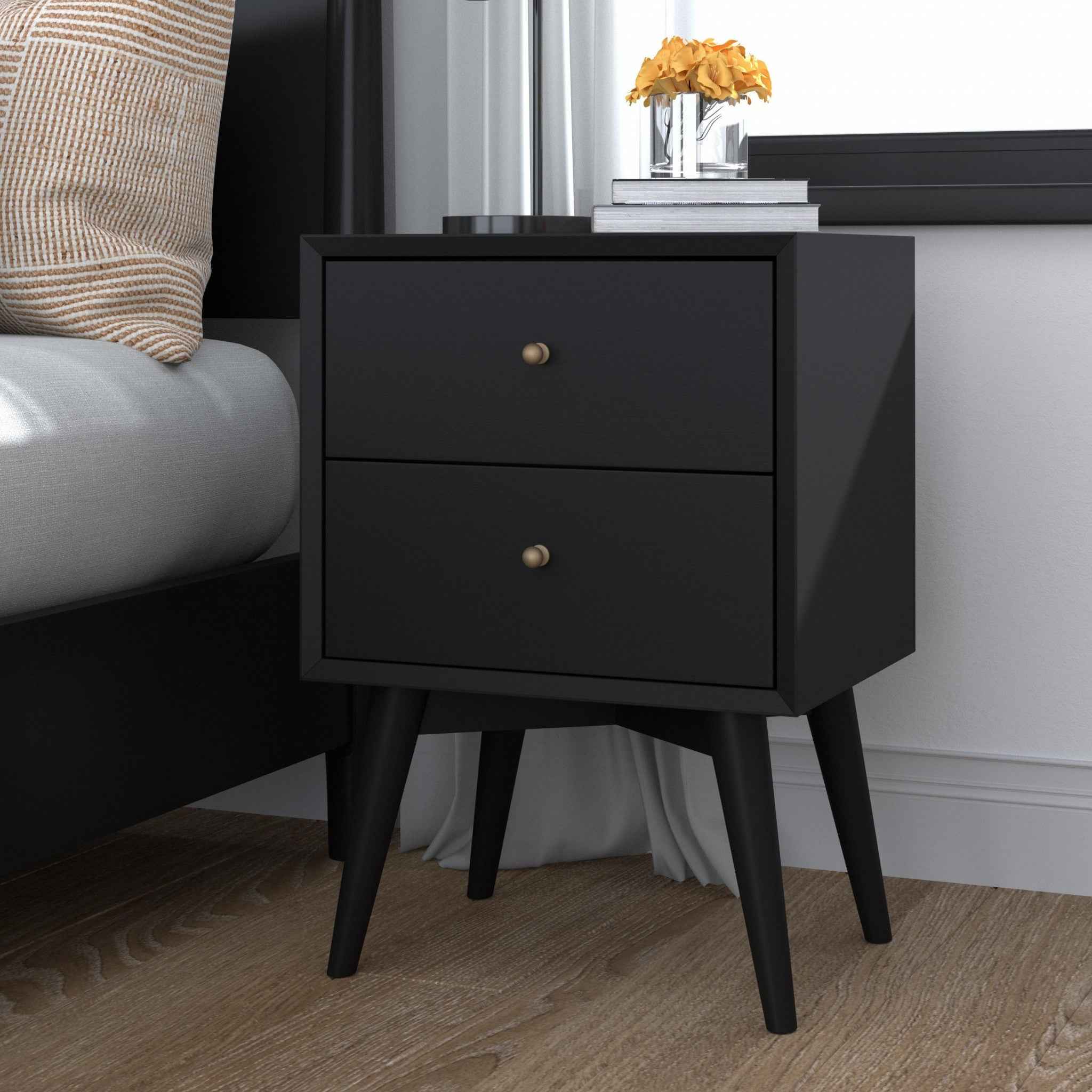26" Black Solid Wood Two Drawer Nightstand