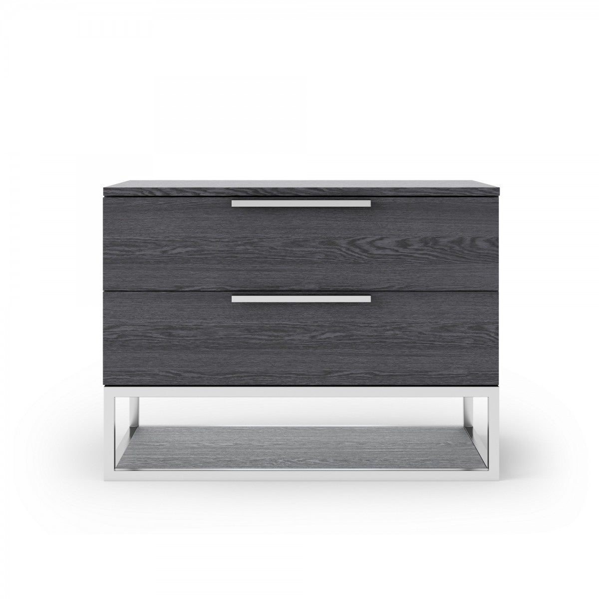 Gray solid wood nightstand with two drawers and lower shelf, front view with bar pulls.