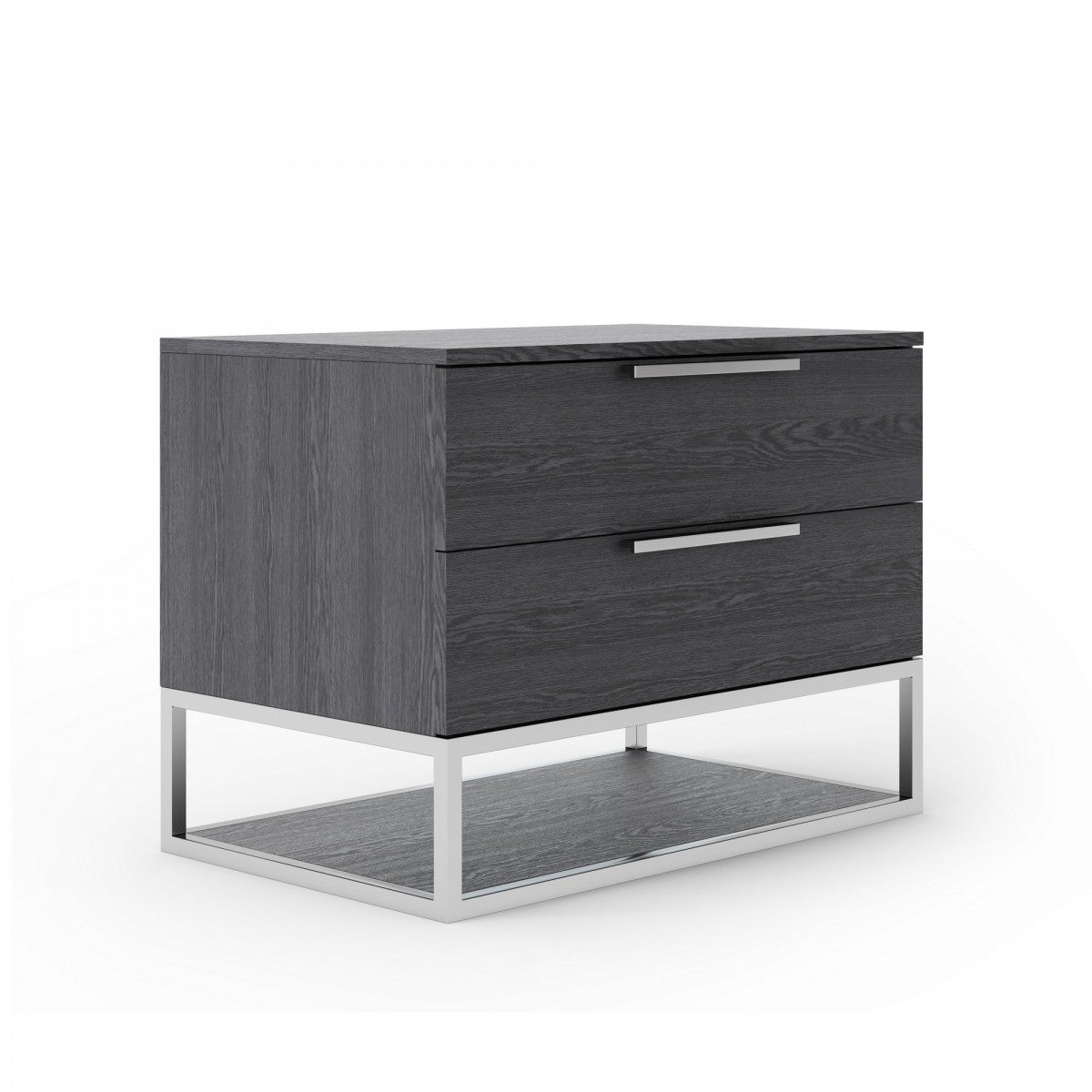 Gray solid wood nightstand with two drawers and lower shelf, side view with bar pulls.