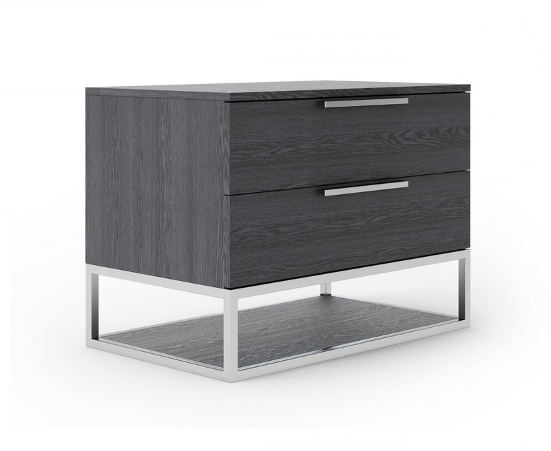 Gray solid wood nightstand with two drawers, lower shelf, and metal bar pulls.