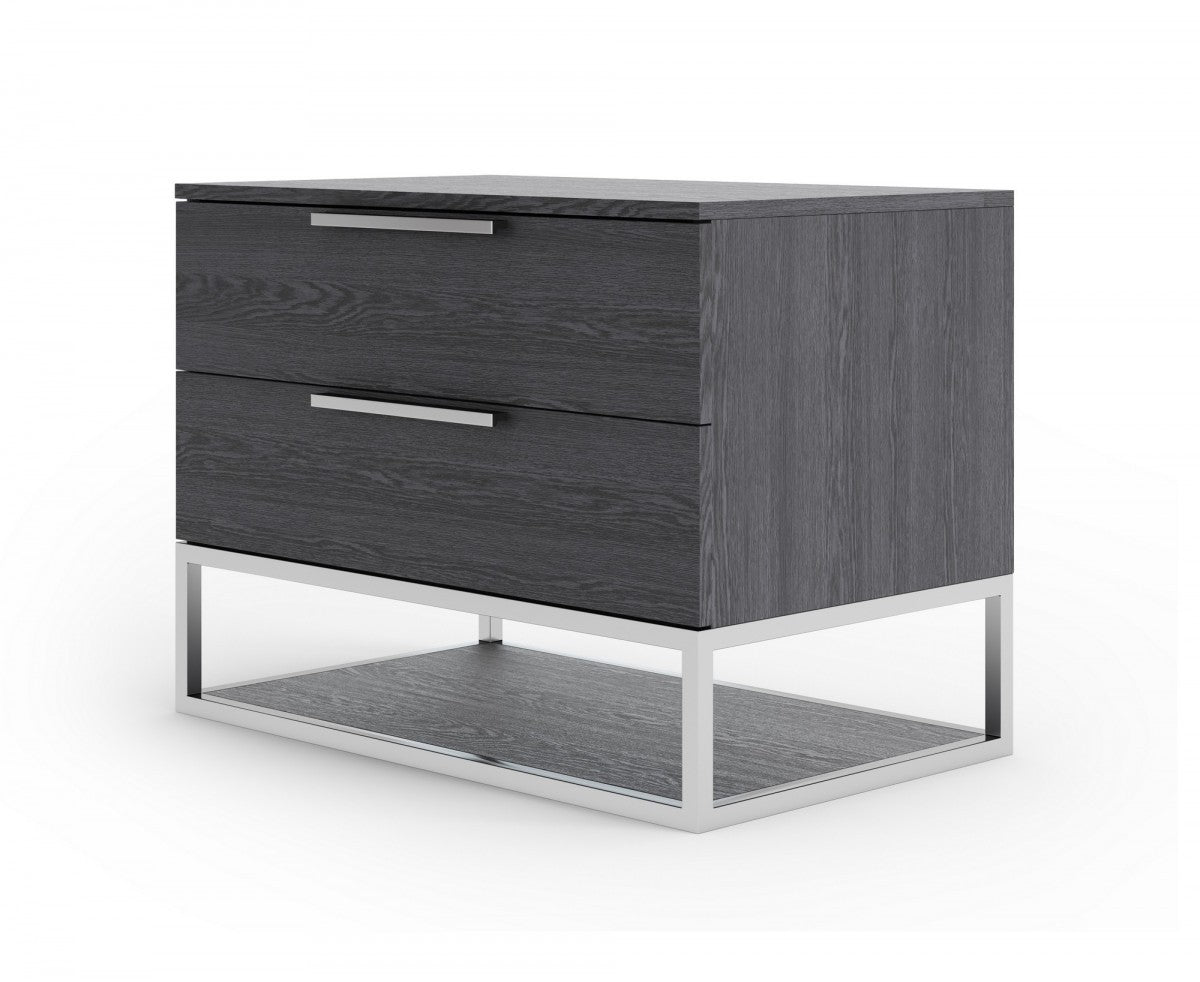 Gray solid wood nightstand with two drawers and lower shelf, angled view with bar pulls.