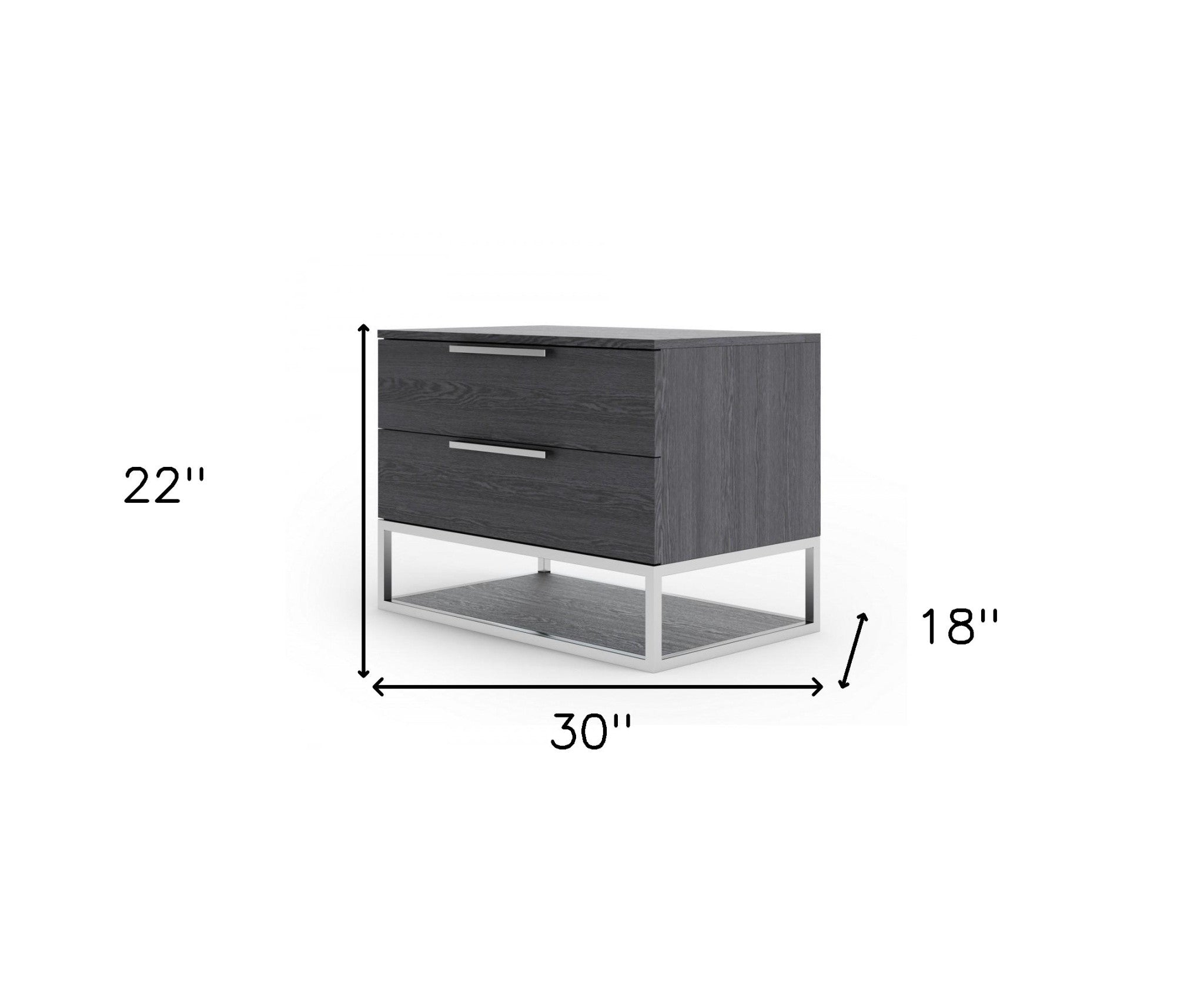 Gray solid wood nightstand with two drawers, lower shelf, size 22"H x 30"W x 18"D.